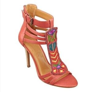 Nine West Shylah Heels Vintage America Collection Pink Beaded Sandals Shoes Sz 6